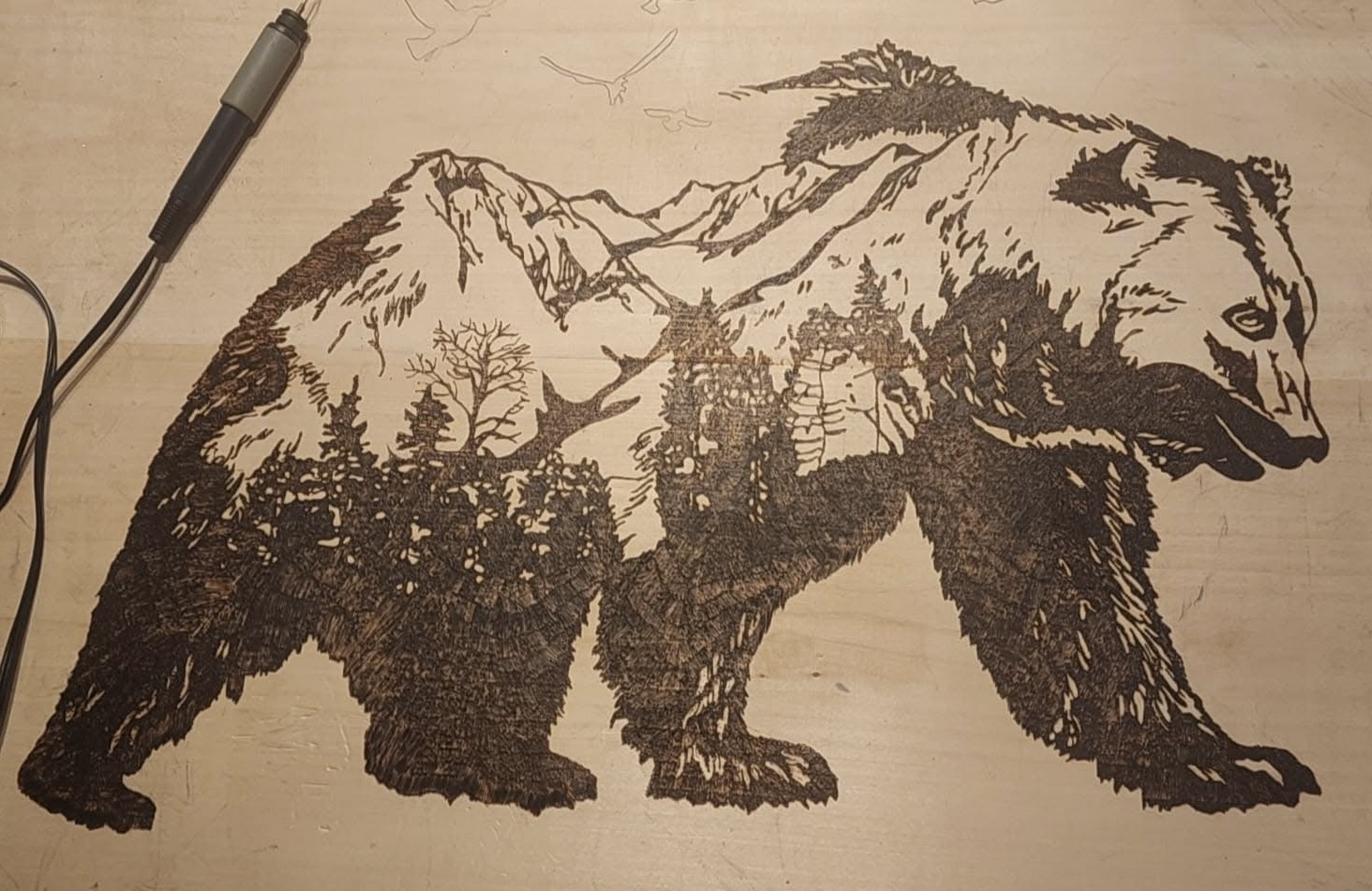 Wood-burned bear design